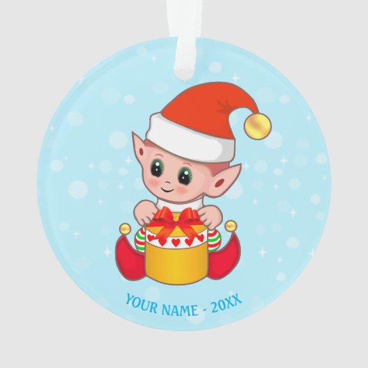Cute Kerstmis Elf, Aangepaste naam op lichtblauw Ornament (achterkant)