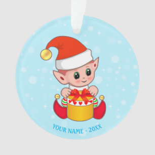 Cute Kerstmis Elf, Aangepaste naam op lichtblauw Ornament