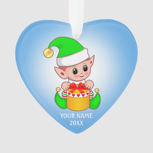 Cute Kerstmis Elf, Aangepaste naam op lichtblauw Ornament (voorkant)