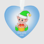 Cute Kerstmis Elf, Aangepaste naam op lichtblauw Ornament (achterkant)