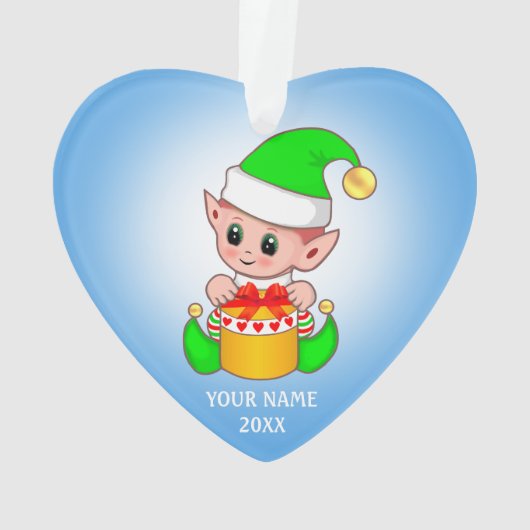Cute Kerstmis Elf, Aangepaste naam op lichtblauw Ornament (achterkant)