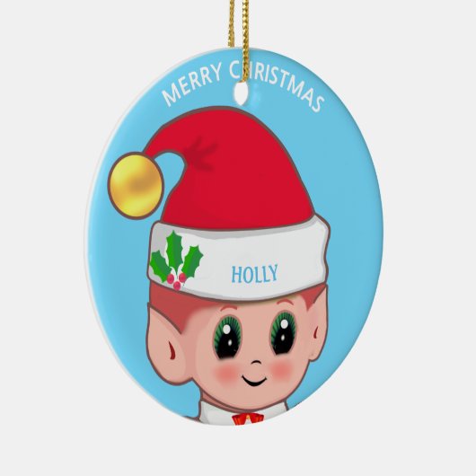 Cute Kerstmis Elf & Custom Name on Light Blue Keramisch Ornament (Rechts)