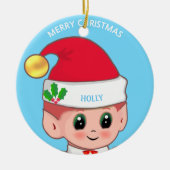 Cute Kerstmis Elf & Custom Name on Light Blue Keramisch Ornament (Voorkant)