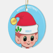 Cute Kerstmis Elf & Custom Name on Light Blue Keramisch Ornament (Links)