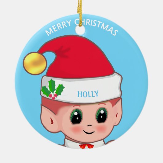 Cute Kerstmis Elf & Custom Name on Light Blue Keramisch Ornament (Achterkant)