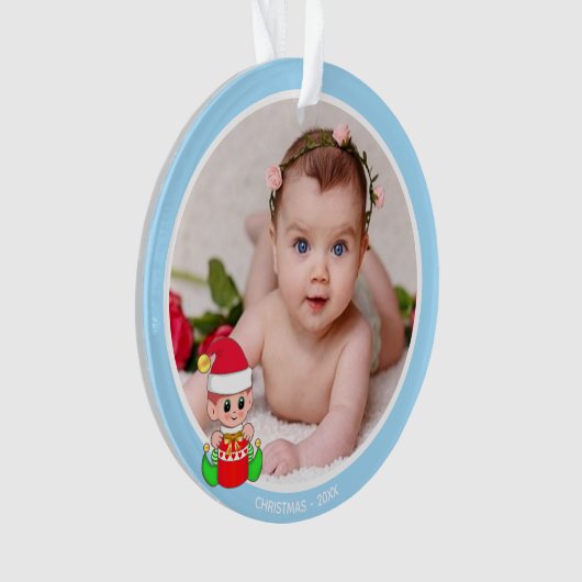 Cute Kerstmis Elf & Custom Photo on Light Blue Ornament (voorkant)