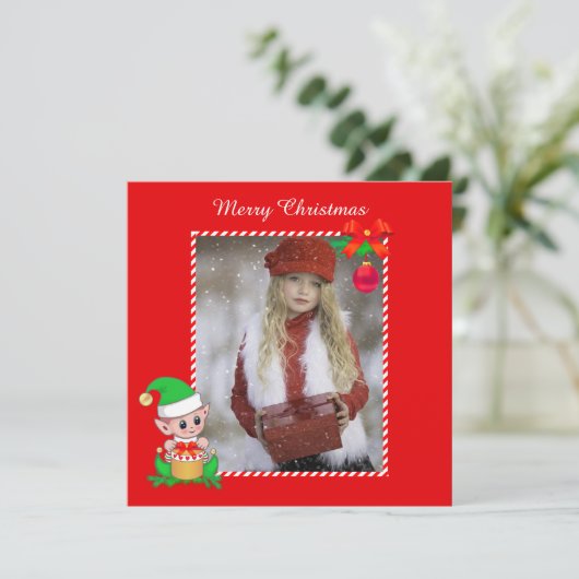 Cute Kerstmis Elf & Custom Photo on Red (Staand voorkant)