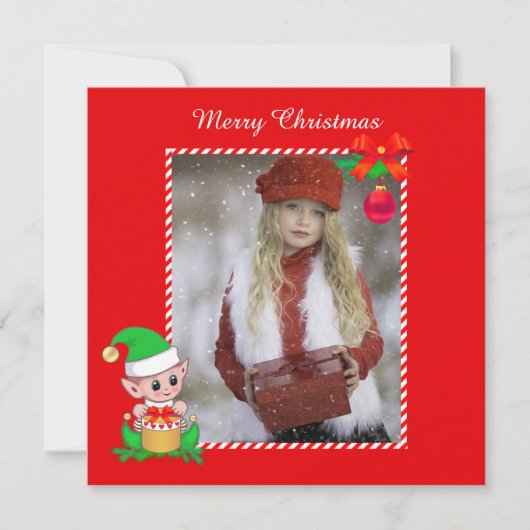Cute Kerstmis Elf & Custom Photo on Red (Voorkant)
