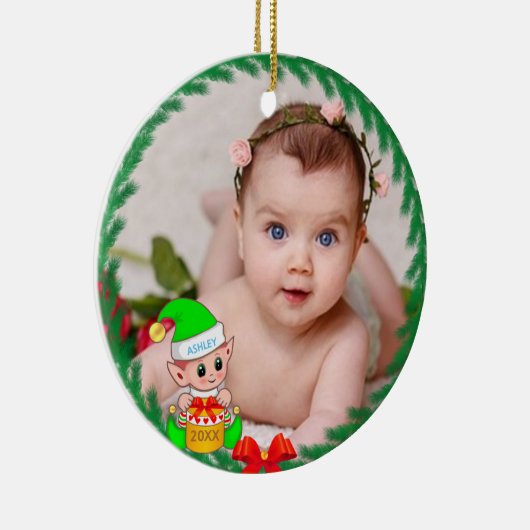 Cute Kerstmis, Elf en Aangepaste foto Keramisch Ornament (Rechts)