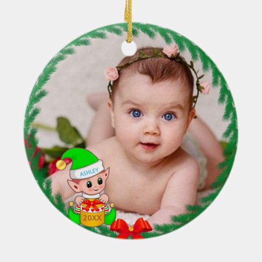 Cute Kerstmis, Elf en Aangepaste foto Keramisch Ornament (Achterkant)