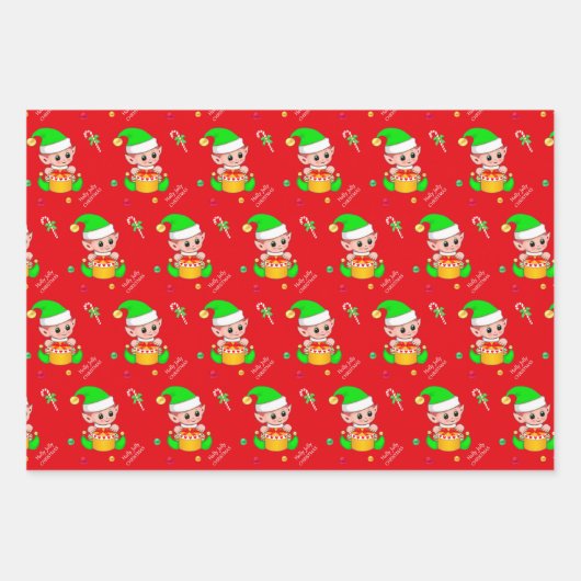 Cute Kerstmis Elf en Bells op Green & Red Inpakpapier Vel (Voorkant 2)