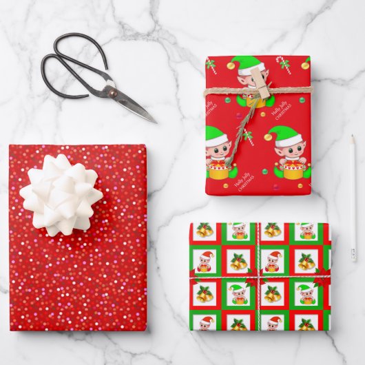 Cute Kerstmis Elf en Bells op Green & Red Inpakpapier Vel (Voorkant)