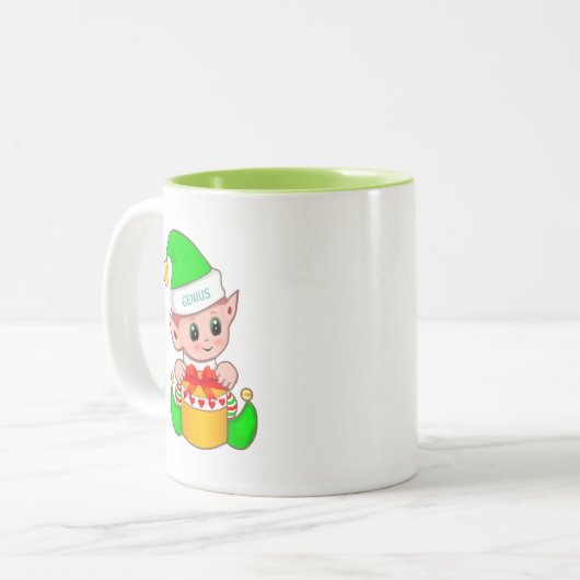 Cute Kerstmis Elf en Editable Genius Text Tweekleurige Koffiemok (Voorkant links)
