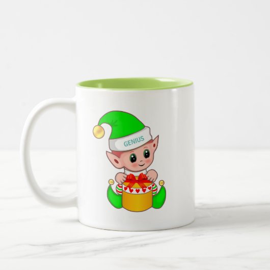 Cute Kerstmis Elf en Editable Genius Text Tweekleurige Koffiemok (Links)