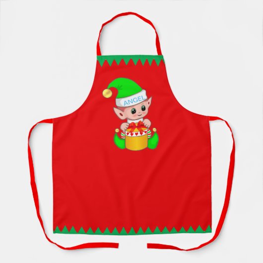 Cute Kerstmis Elf en Green Stripes op Red Schort (Voorkant)