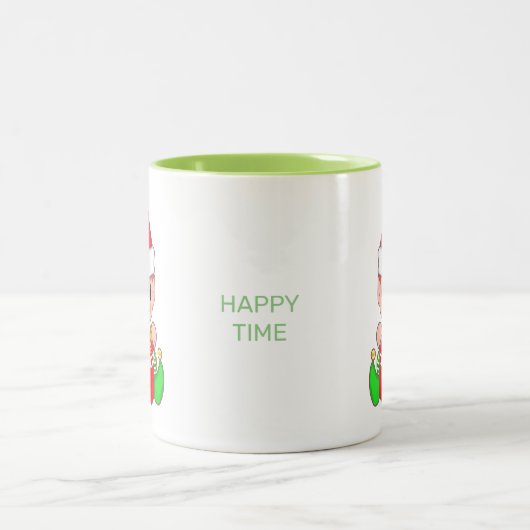Cute Kerstmis Elf en Happy Time Calligraphy Tweekleurige Koffiemok (Center)