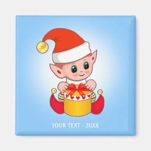 Cute Kerstmis Elf en Jouw tekst op Light Blue Magneet