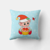 Cute Kerstmis Elf en Kardinaal Bird op Turquoise Kussen (Achterkant)