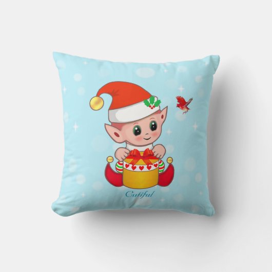 Cute Kerstmis Elf en Kardinaal Bird op Turquoise Kussen (Voorkant)