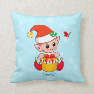 Cute Kerstmis Elf en Kardinaal Bird op Turquoise Kussen