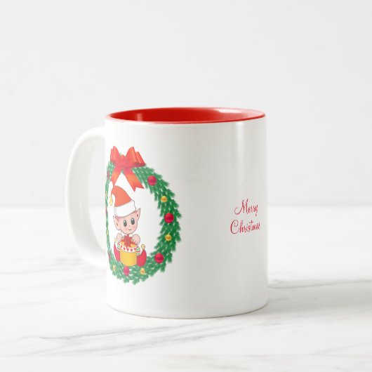 Cute Kerstmis Elf en kerstmis Tweekleurige Koffiemok (Voorkant links)