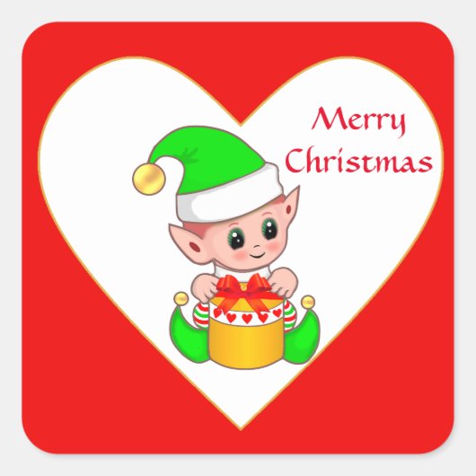 Cute Kerstmis Elf & Gift Box op Red & White Vierkante Sticker (Voorkant)