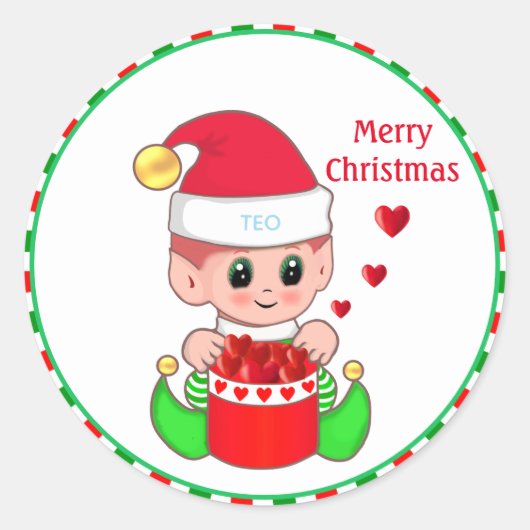 Cute Kerstmis, Elf & Hearts Ronde Sticker (Voorkant)