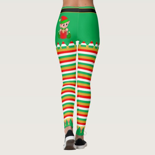 Cute Kerstmis Elf & Jingle Bells op Striped Leggings (Achterkant)