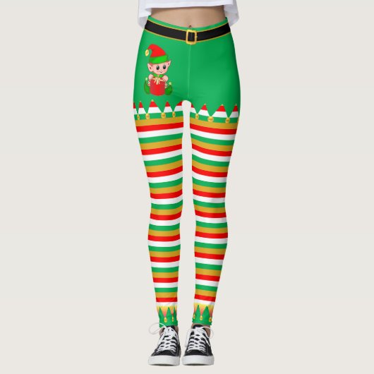 Cute Kerstmis Elf & Jingle Bells op Striped Leggings (Voorkant)