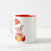 Cute Kerstmis Elf met cadeaudoos Tweekleurige Koffiemok (Voorkant links)