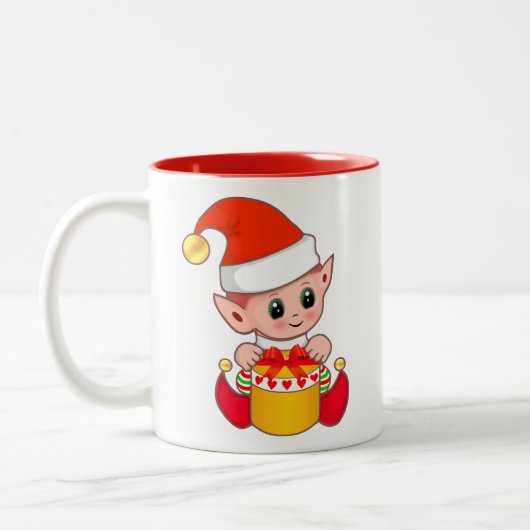 Cute Kerstmis Elf met cadeaudoos Tweekleurige Koffiemok (Links)