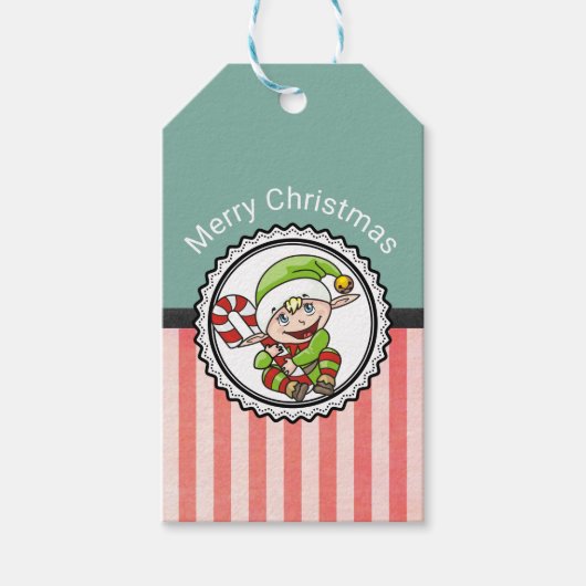 Cute Kerstmis Elf met Candy Cane Merry Kerstmis Cadeaulabel (Voorkant)