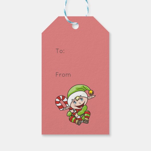 Cute Kerstmis Elf met Candy Cane Merry Kerstmis Cadeaulabel (Achterkant)