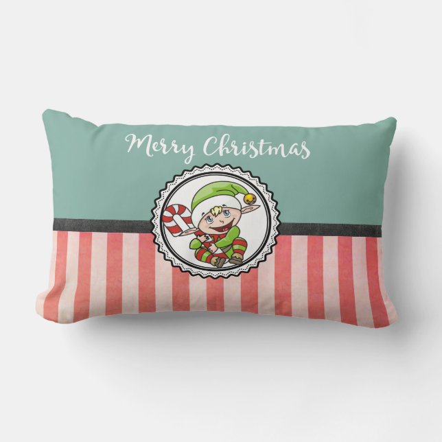Cute Kerstmis Elf met Candy Cane Merry Kerstmis Kussen (Voorkant)