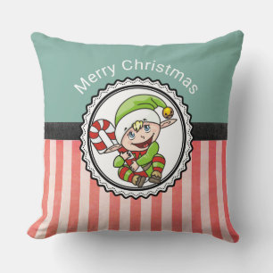 Cute Kerstmis Elf met Candy Cane Merry Kerstmis Kussen