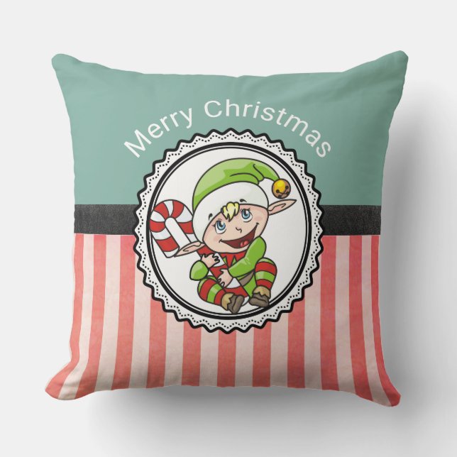 Cute Kerstmis Elf met Candy Cane Merry Kerstmis Kussen (Voorkant)