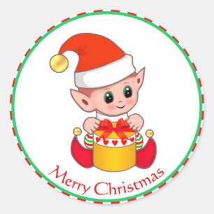 Cute Kerstmis Elf met rood en wit gestreept Lijst Ronde Sticker