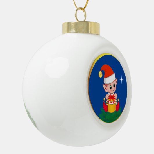 Cute Kerstmis Elf op blauw Keramische Bal Ornament (Links)