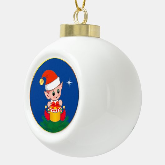 Cute Kerstmis Elf op blauw Keramische Bal Ornament (Rechts)