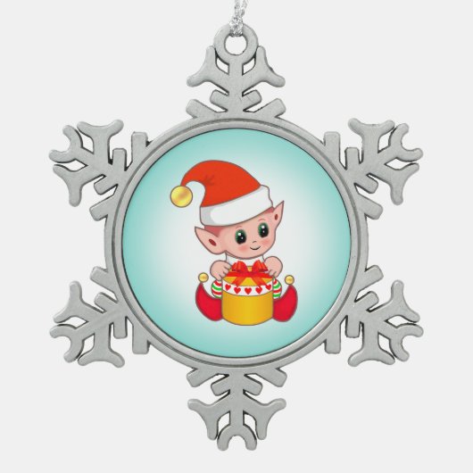 Cute Kerstmis Elf op Blauwgroen blauw Tin Sneeuwvlok Ornament (Voorkant)