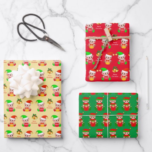 Cute Kerstmis Elf op Golden Beige, Green en Red Inpakpapier Vel (Voorkant)