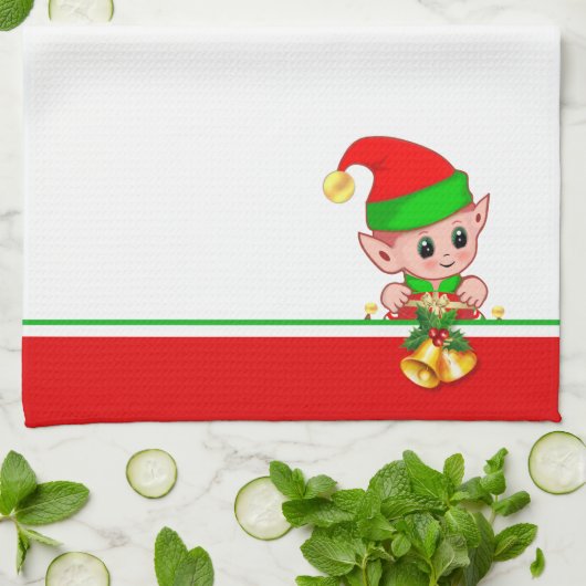 Cute Kerstmis Elf op groen, rood en wit Theedoek (Gevouwen)