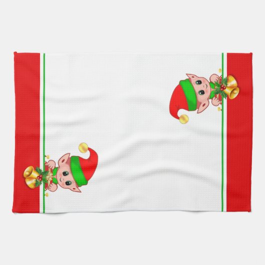 Cute Kerstmis Elf op groen, rood en wit Theedoek (Horizontaal)