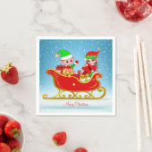 Cute Kerstmis Elf op Sleigh Blue Servet (Insitu)