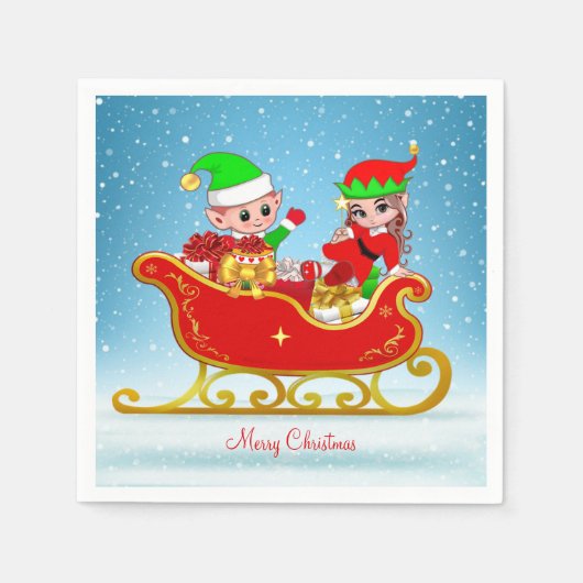 Cute Kerstmis Elf op Sleigh Blue Servet (Voorkant)