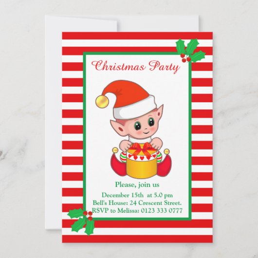 Cute Kerstmis Elf op uitnodiging van Red White (Voorkant)