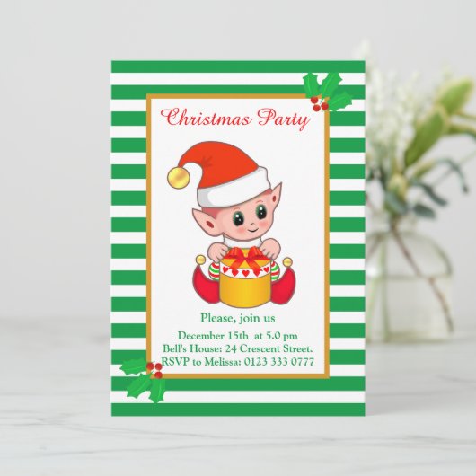 Cute Kerstmis Elf over de uitnodiging van de Green (Staand voorkant)