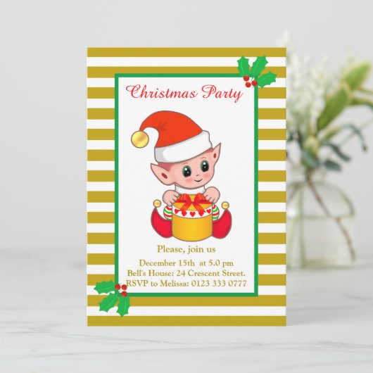 Cute Kerstmis Elf over de uitnodiging voor de Gold (Staand voorkant)