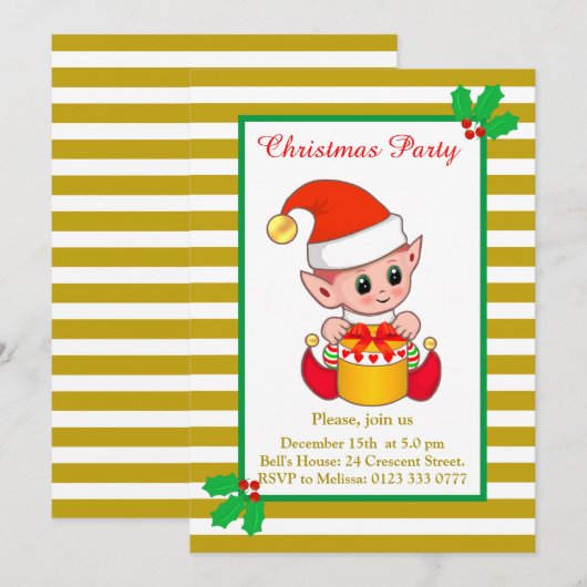 Cute Kerstmis Elf over de uitnodiging voor de Gold (Voorkant / Achterkant)