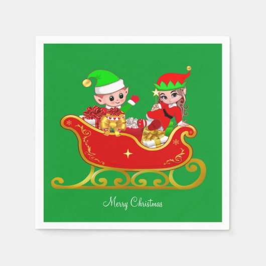 Cute Kerstmis Elf over Sleigh met Cadeaus Napkins Servet (Voorkant)